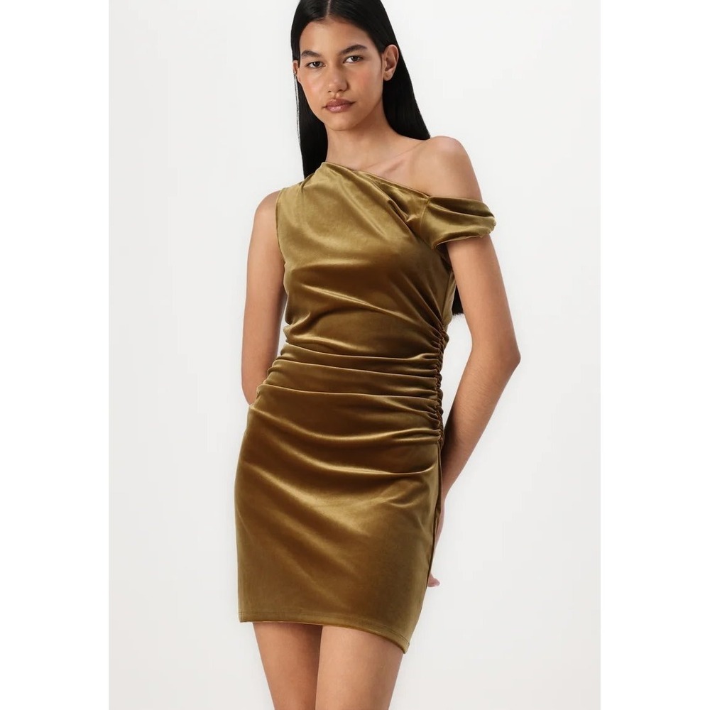 Abercrombie & Fitch Olive Gold Velvet One Shoulder Ruched Mini Dress Size LT